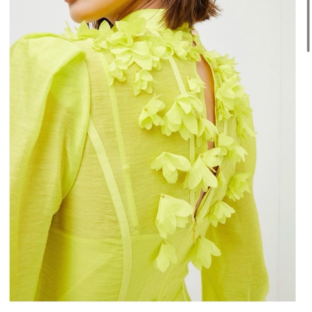 Karen Millen Chartreuse appliqué balloon sleeves dress Size 6 - Picture 2 of 3